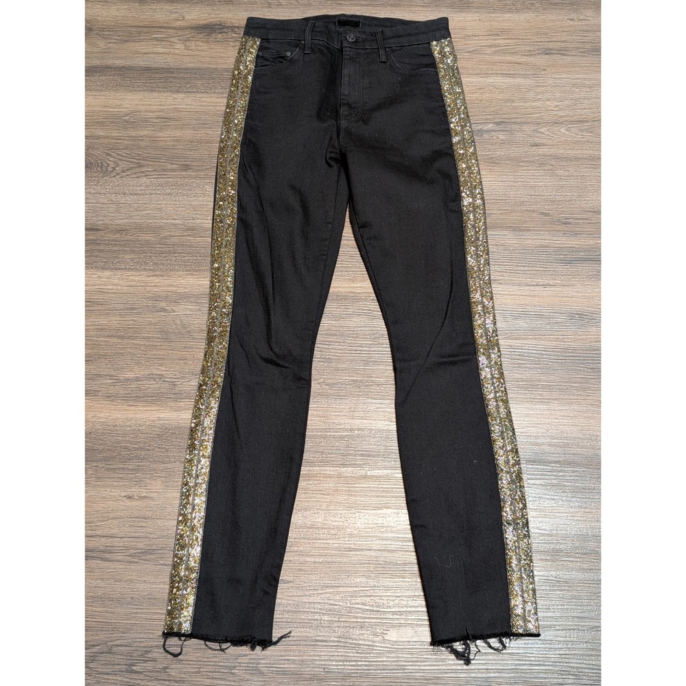 MOTHER The‎ Looker Waisted Jeans Ankle Fray Guilty Flash Sequin Stripe Black 26